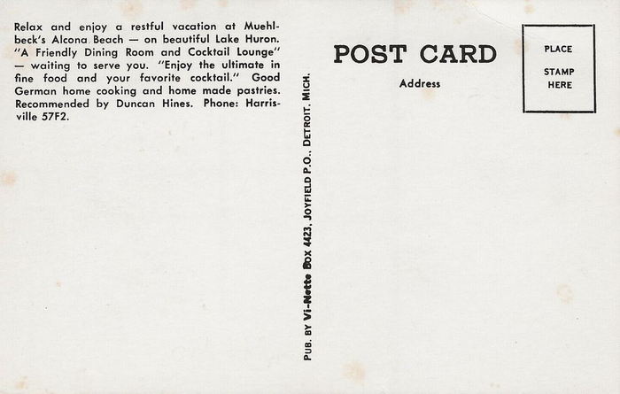 Alcona Brew Haus (Muehlbecks Bavarian Village) - Old Postcard Back (newer photo)